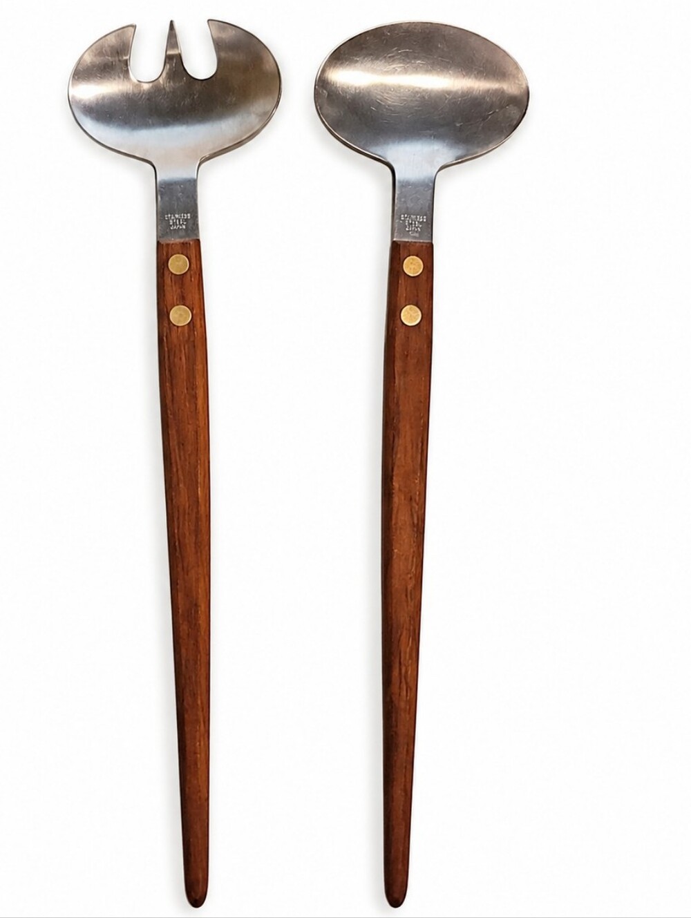 Vintage MCM Japan Salad Servers Wood Handles Stainless Steel Set of 2
